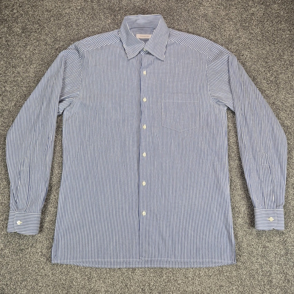 Ermenegildo Zegna Dress Shirt Mens Medium Blue White Striped Long Sleeve Cotton
